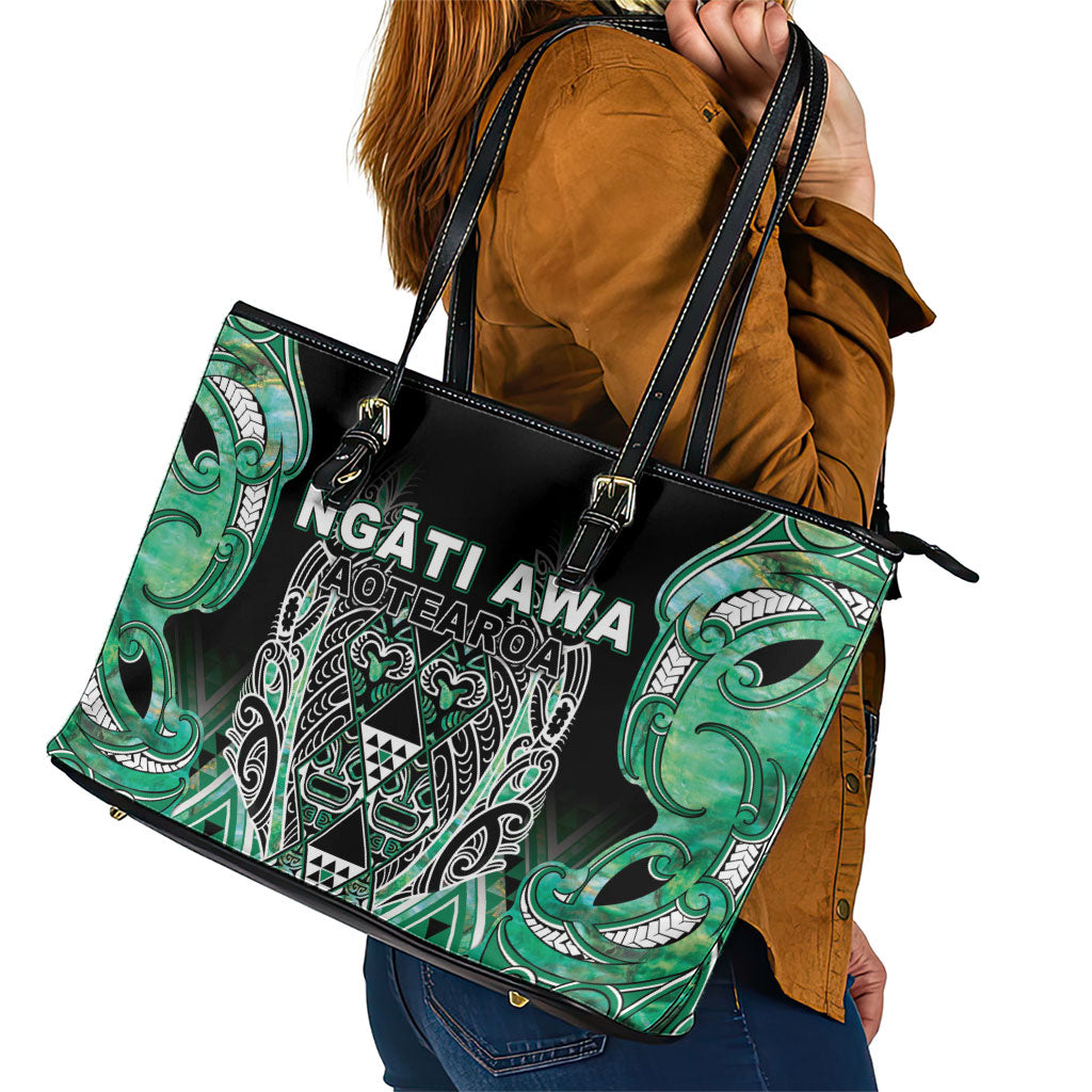 Aotearoa Ngati Awa Leather Tote Bag Maori Tribal Green Marble Paua Shell Pattern