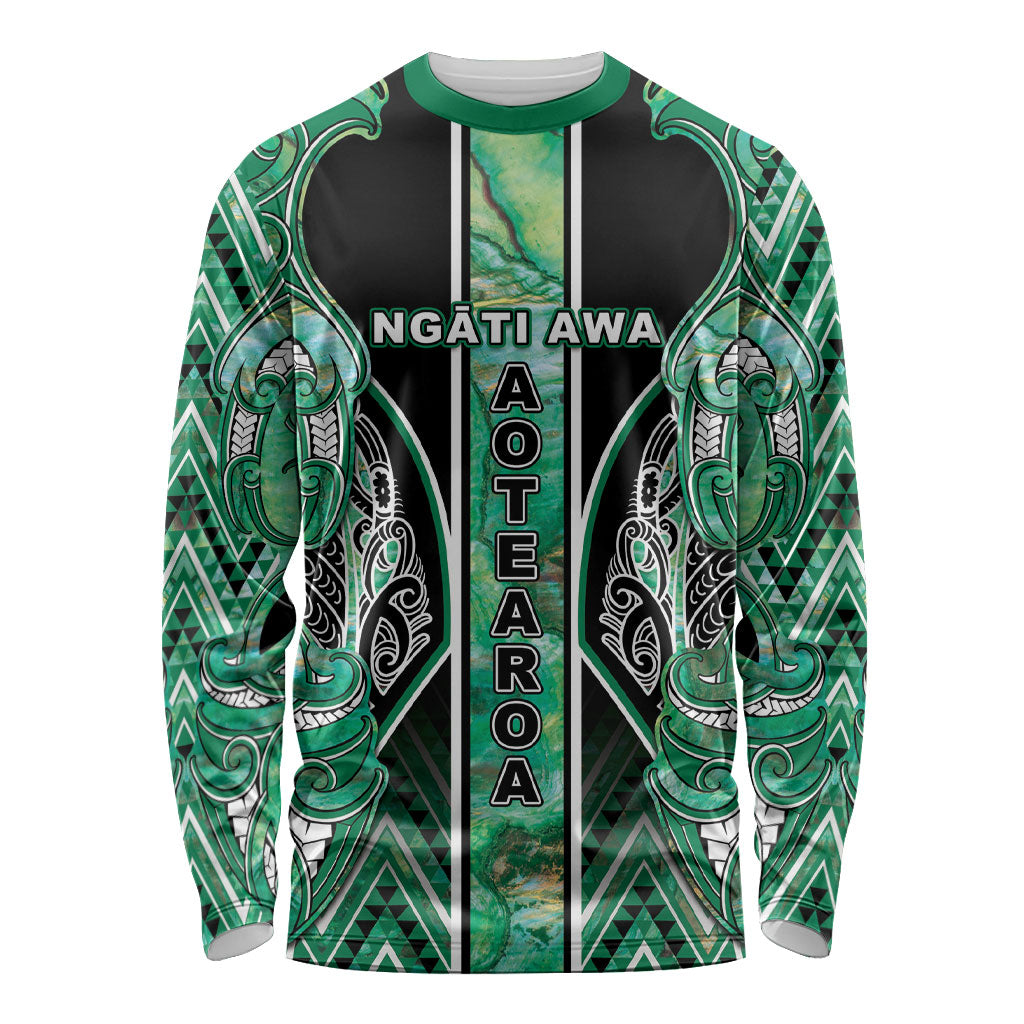 Aotearoa Ngati Awa Long Sleeve Shirt Maori Tribal Green Marble Paua Shell Pattern