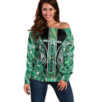 Aotearoa Ngati Awa Off Shoulder Sweater Maori Tribal Green Marble Paua Shell Pattern