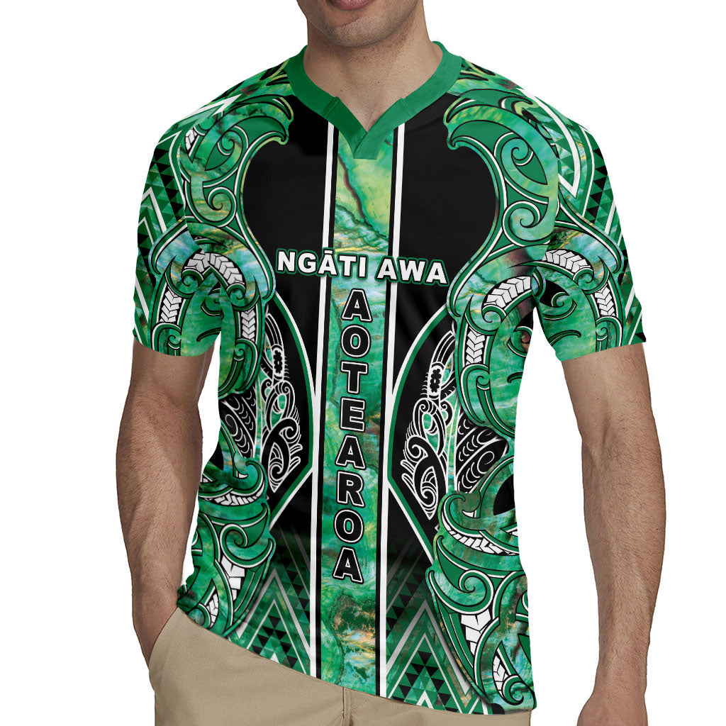 Aotearoa Ngati Awa Rugby Jersey Maori Tribal Green Marble Paua Shell Pattern