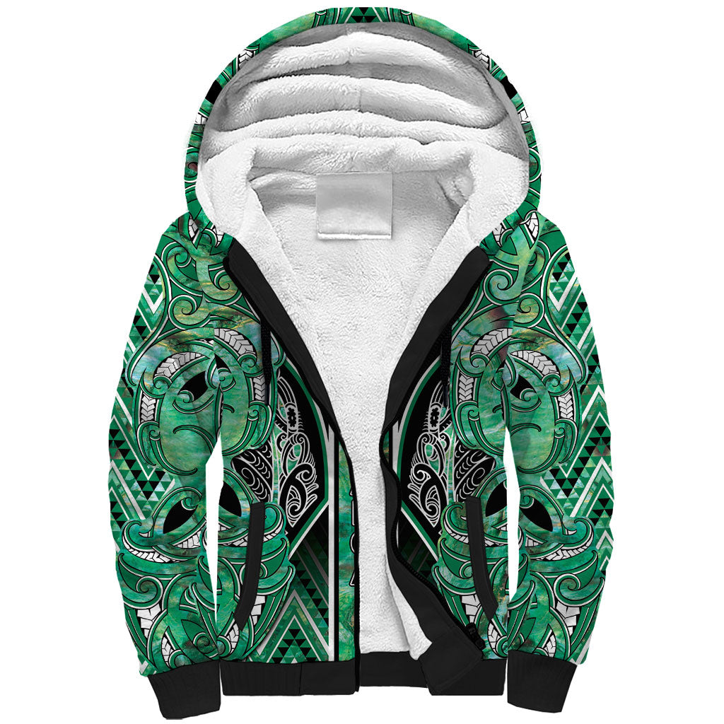 Aotearoa Ngati Awa Sherpa Hoodie Maori Tribal Green Marble Paua Shell Pattern