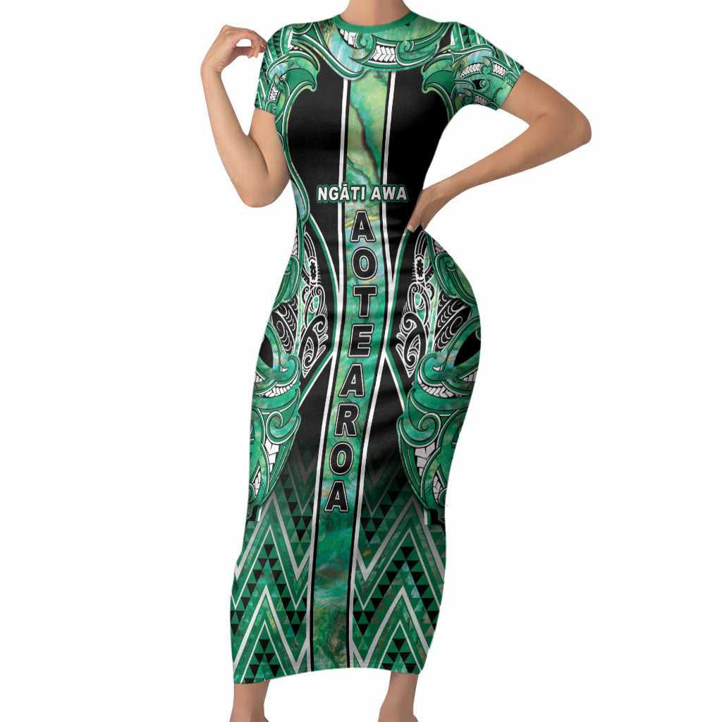 Aotearoa Ngati Awa Short Sleeve Bodycon Dress Maori Tribal Green Marble Paua Shell Pattern