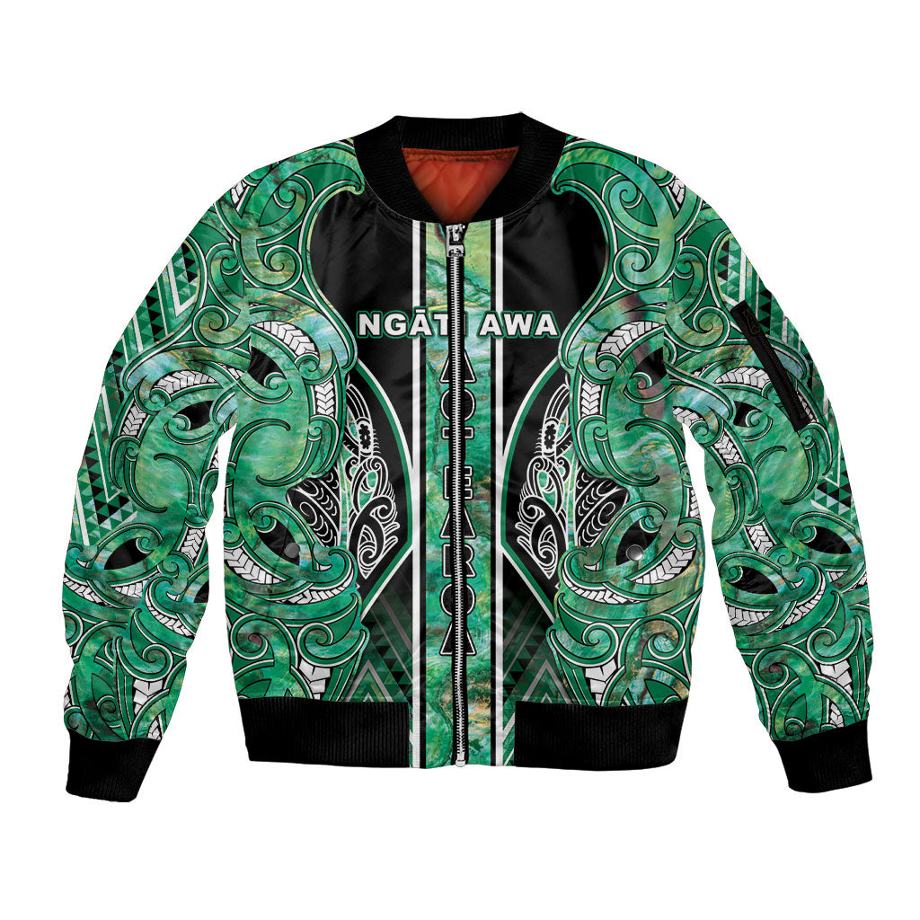 Aotearoa Ngati Awa Sleeve Zip Bomber Jacket Maori Tribal Green Marble Paua Shell Pattern