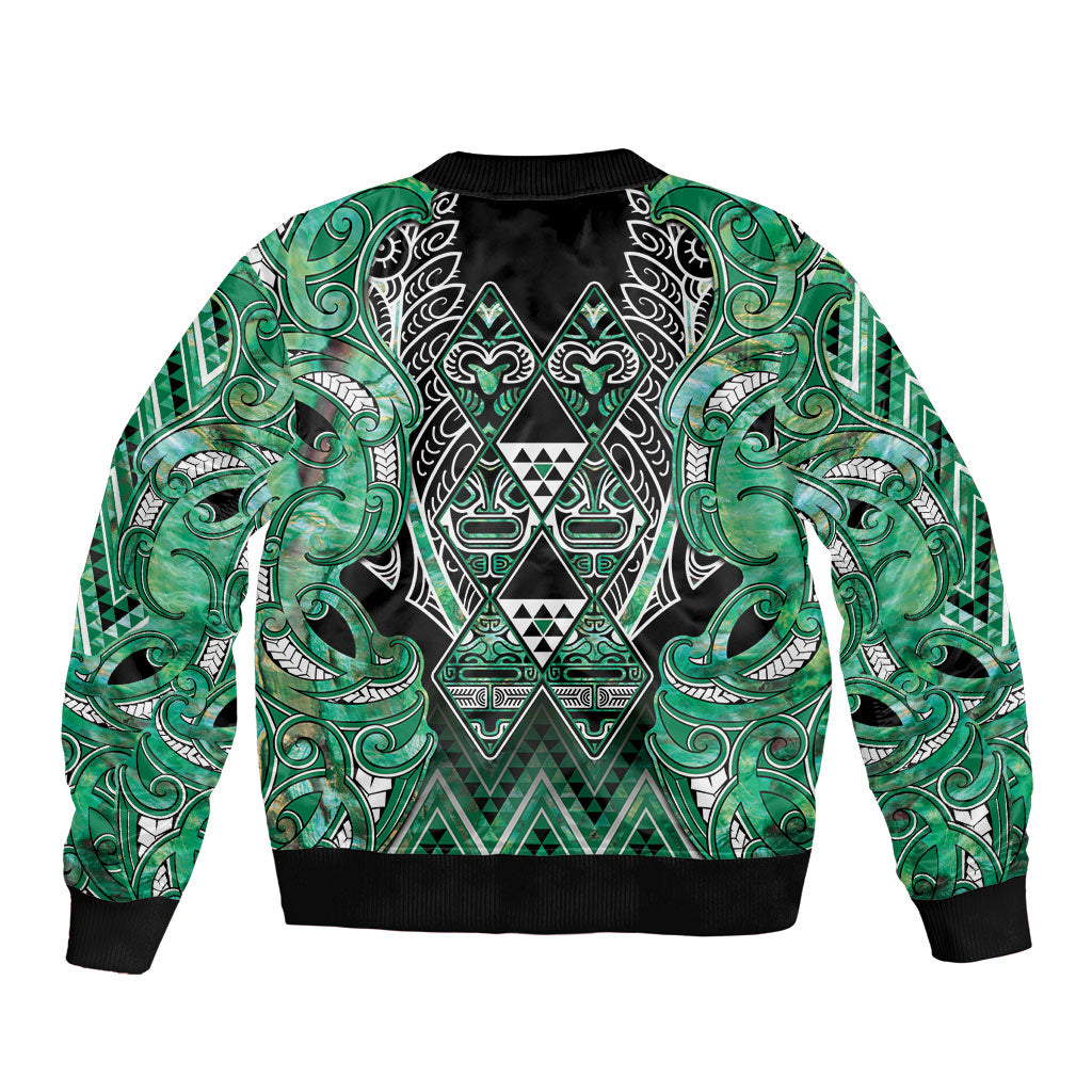 Aotearoa Ngati Awa Sleeve Zip Bomber Jacket Maori Tribal Green Marble Paua Shell Pattern