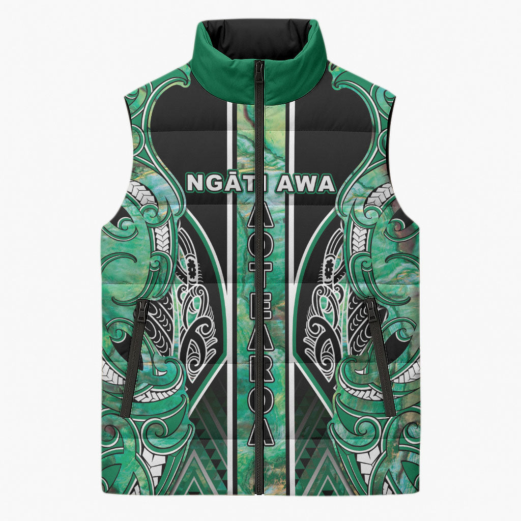 Aotearoa Ngati Awa Sleeveless Puffer Jacket Maori Tribal Green Marble Paua Shell Pattern