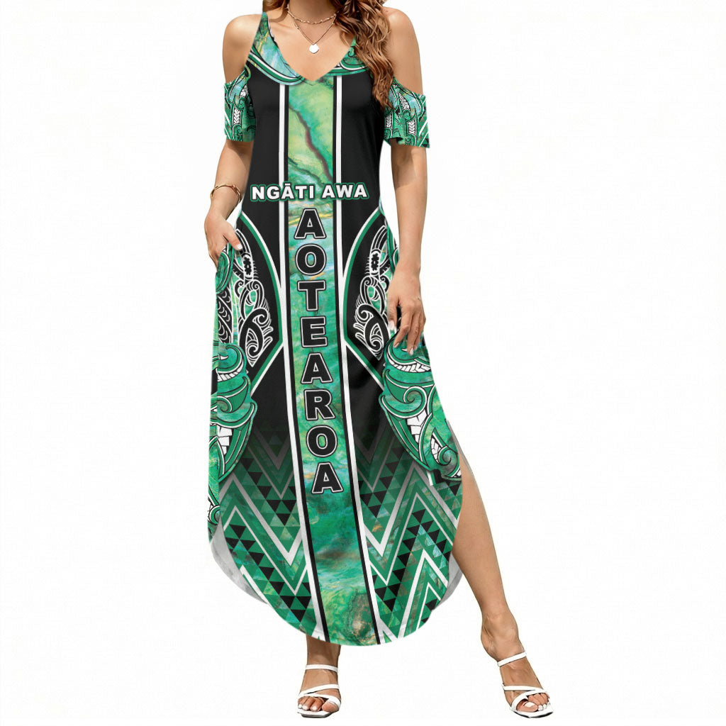 Aotearoa Ngati Awa Summer Maxi Dress Maori Tribal Green Marble Paua Shell Pattern