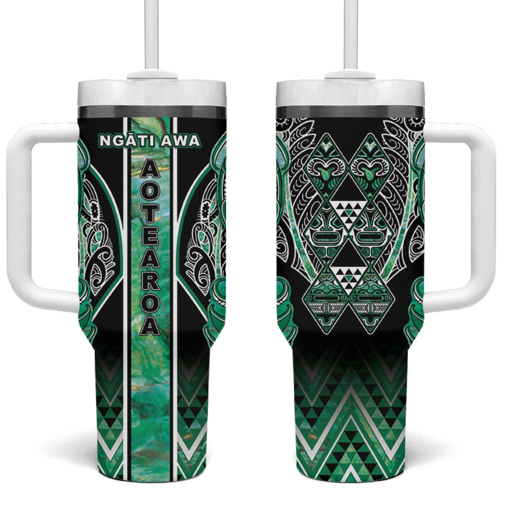 Aotearoa Ngati Awa Tumbler With Handle Maori Tribal Green Marble Paua Shell Pattern