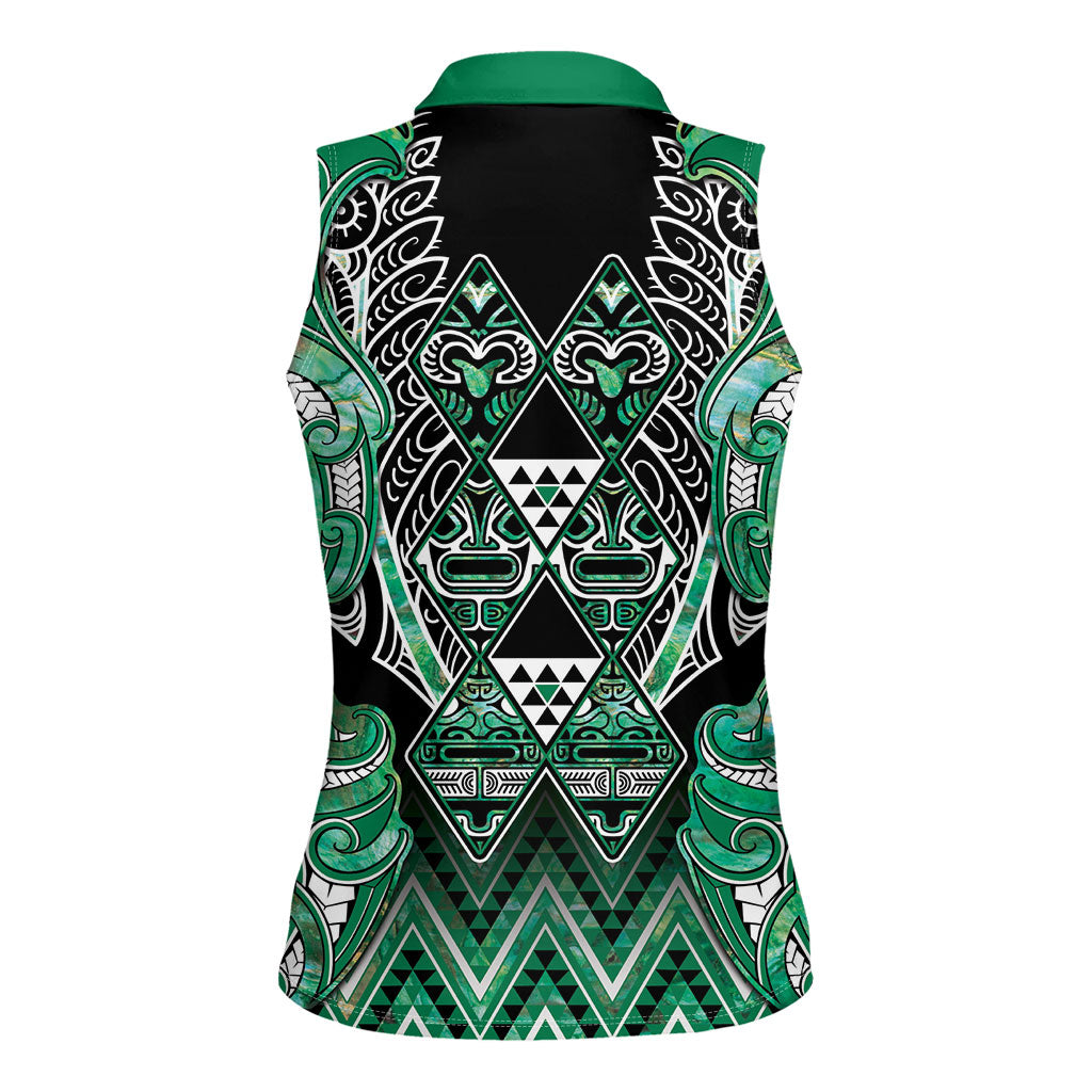 Aotearoa Ngati Awa Women Sleeveless Polo Shirt Maori Tribal Green Marble Paua Shell Pattern