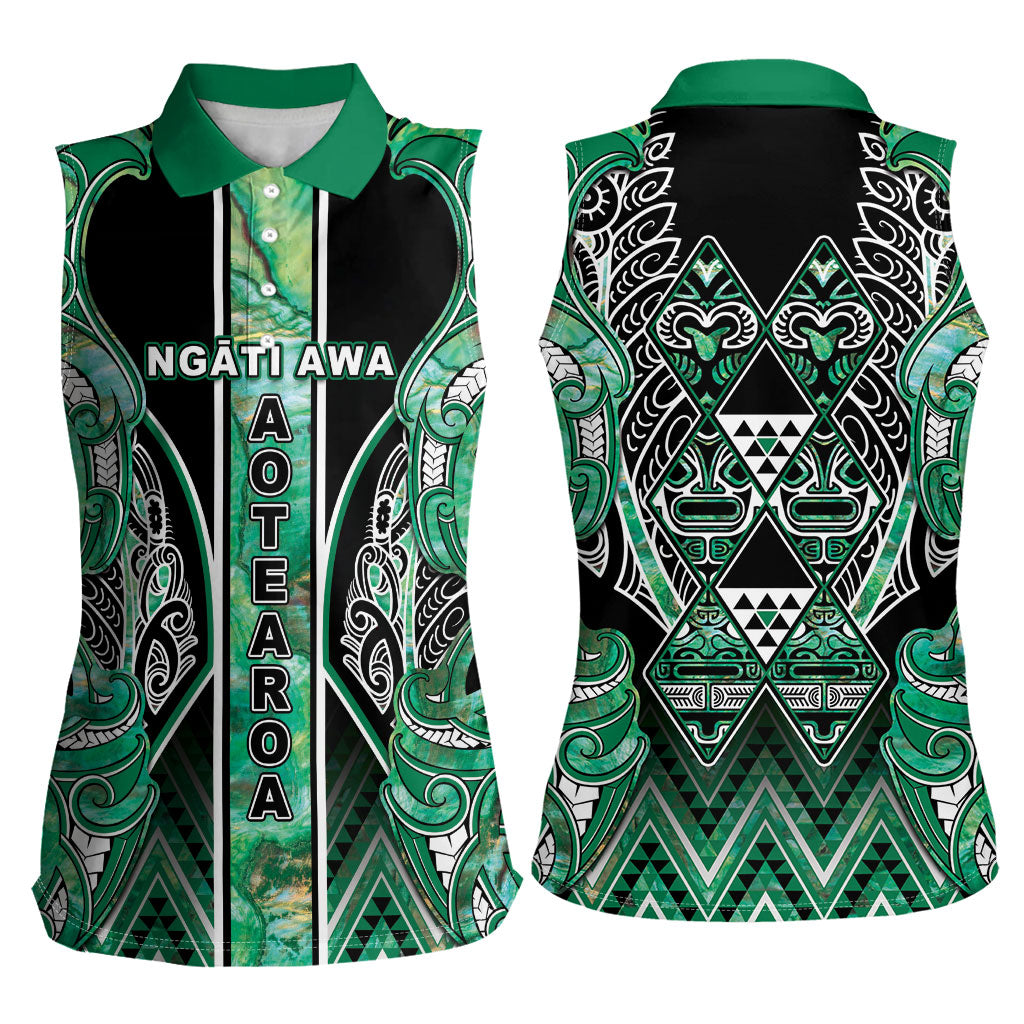 Aotearoa Ngati Awa Women Sleeveless Polo Shirt Maori Tribal Green Marble Paua Shell Pattern