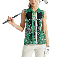 Aotearoa Ngati Awa Women Sleeveless Polo Shirt Maori Tribal Green Marble Paua Shell Pattern