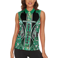 Aotearoa Ngati Awa Women Sleeveless Polo Shirt Maori Tribal Green Marble Paua Shell Pattern