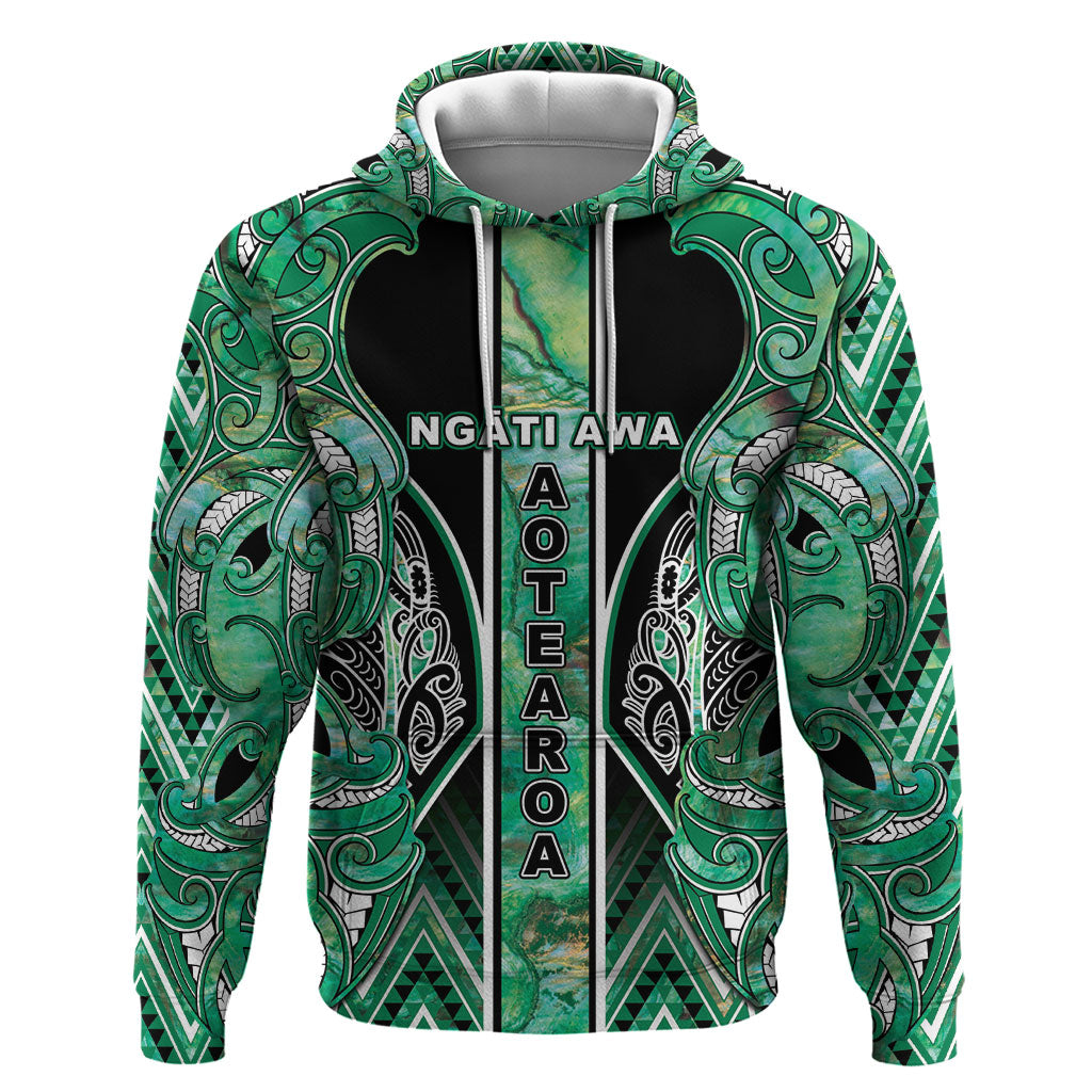 Aotearoa Ngati Awa Zip Hoodie Maori Tribal Green Marble Paua Shell Pattern