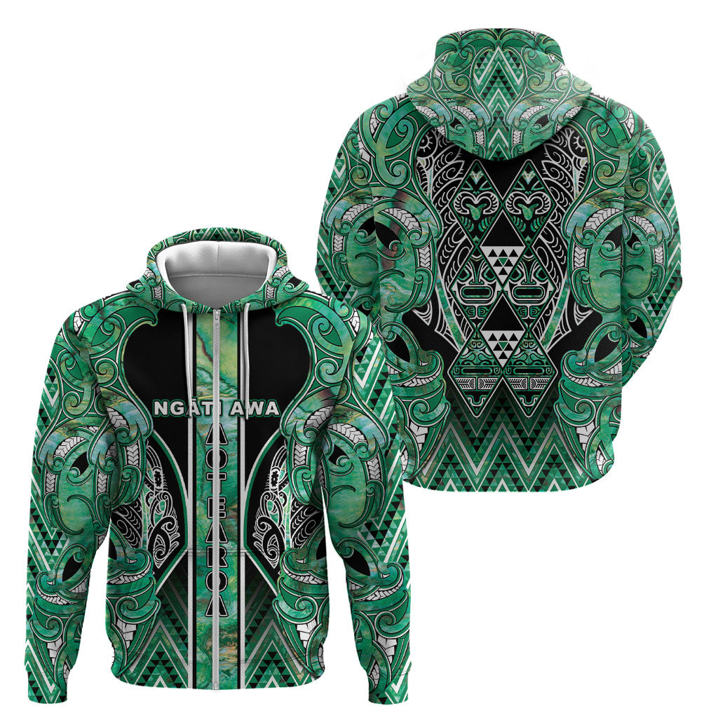 Aotearoa Ngati Awa Zip Hoodie Maori Tribal Green Marble Paua Shell Pattern