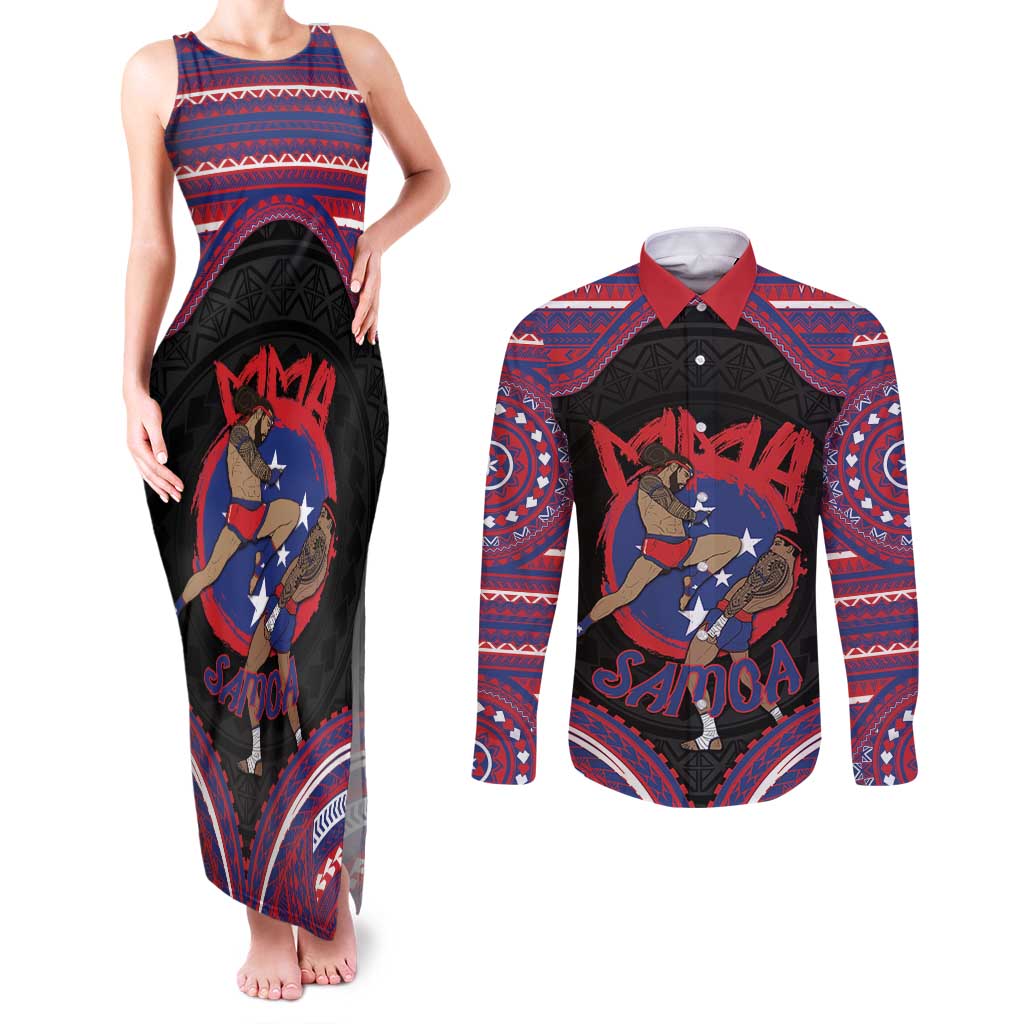Personalised Samoa Mixed Martial Arts Couples Matching Tank Maxi Dress and Long Sleeve Button Shirt Flying Knee Of Samoan DT05 Black - Polynesian Pride