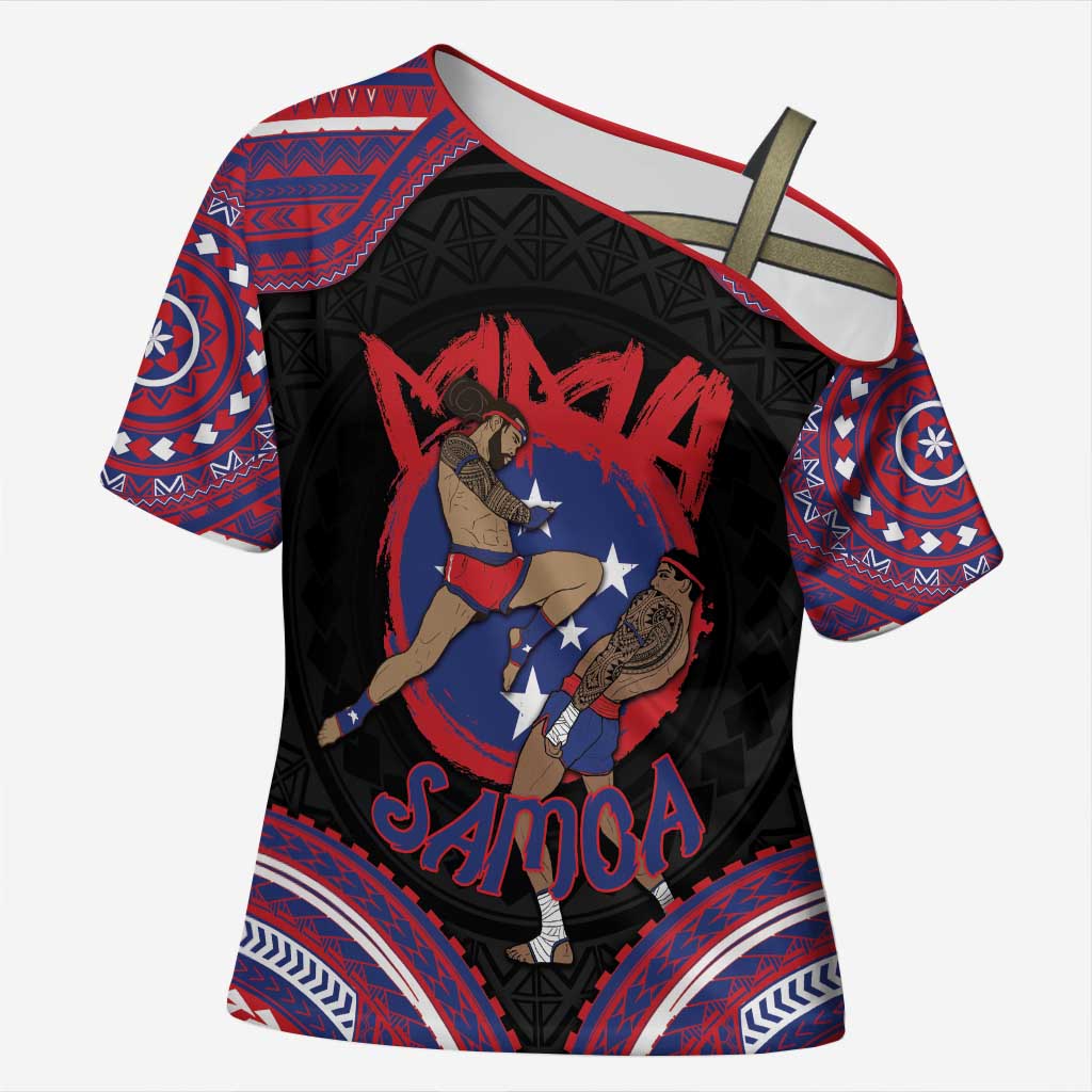 Personalised Samoa Mixed Martial Arts Cross Shoulder Shirt Flying Knee Of Samoan - Polynesian Pride