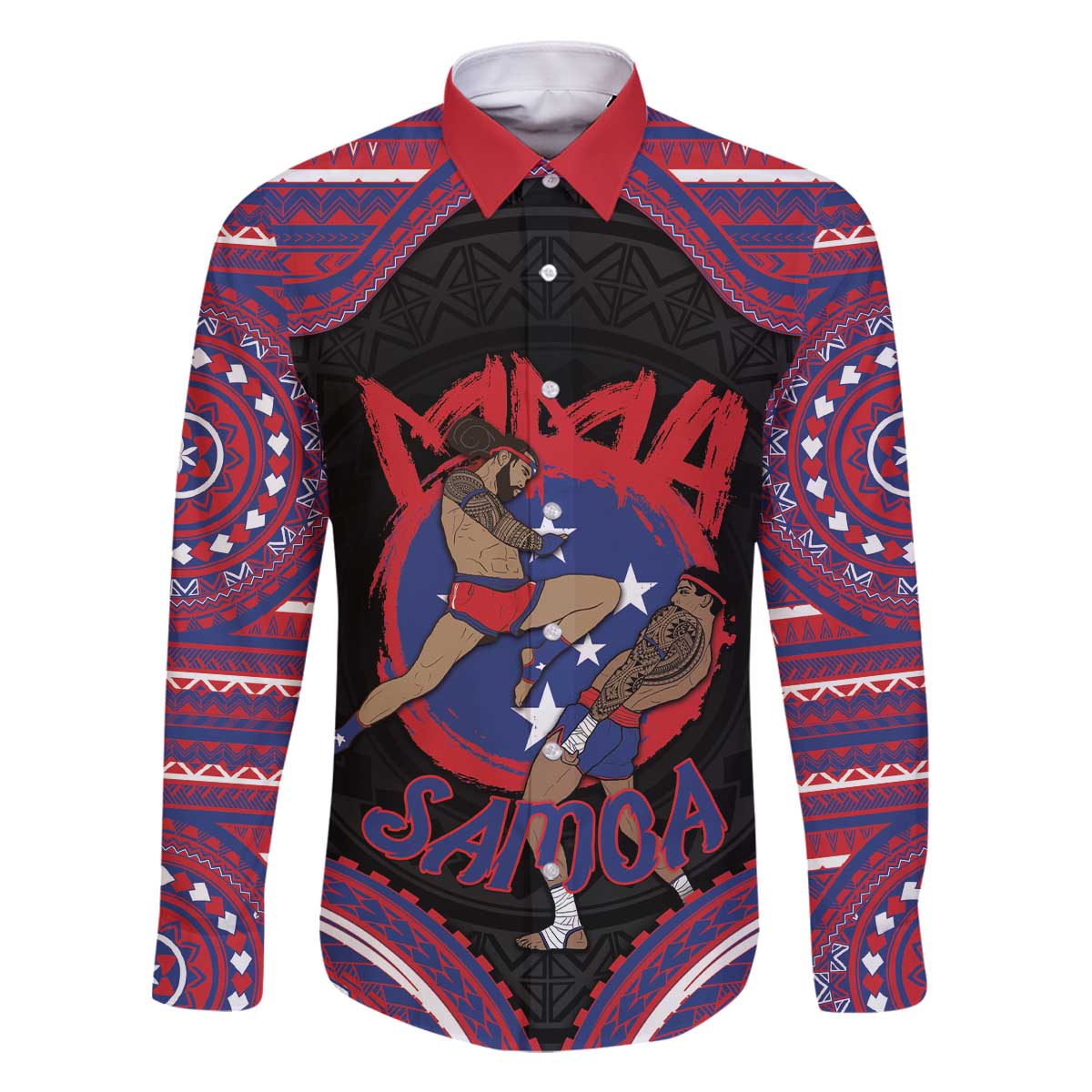 Personalised Samoa Mixed Martial Arts Family Matching Off The Shoulder Long Sleeve Dress and Hawaiian Shirt Flying Knee Of Samoan DT05 Dad's Shirt - Long Sleeve Black - Polynesian Pride
