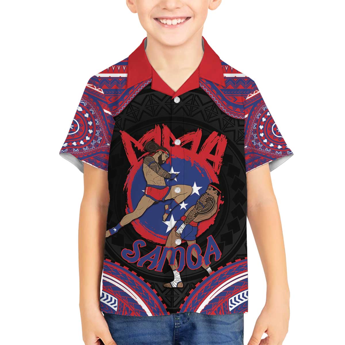 Personalised Samoa Mixed Martial Arts Family Matching Off The Shoulder Long Sleeve Dress and Hawaiian Shirt Flying Knee Of Samoan DT05 Son's Shirt Black - Polynesian Pride