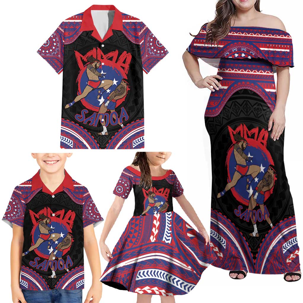 Personalised Samoa Mixed Martial Arts Family Matching Off Shoulder Maxi Dress and Hawaiian Shirt Flying Knee Of Samoan - Polynesian Pride