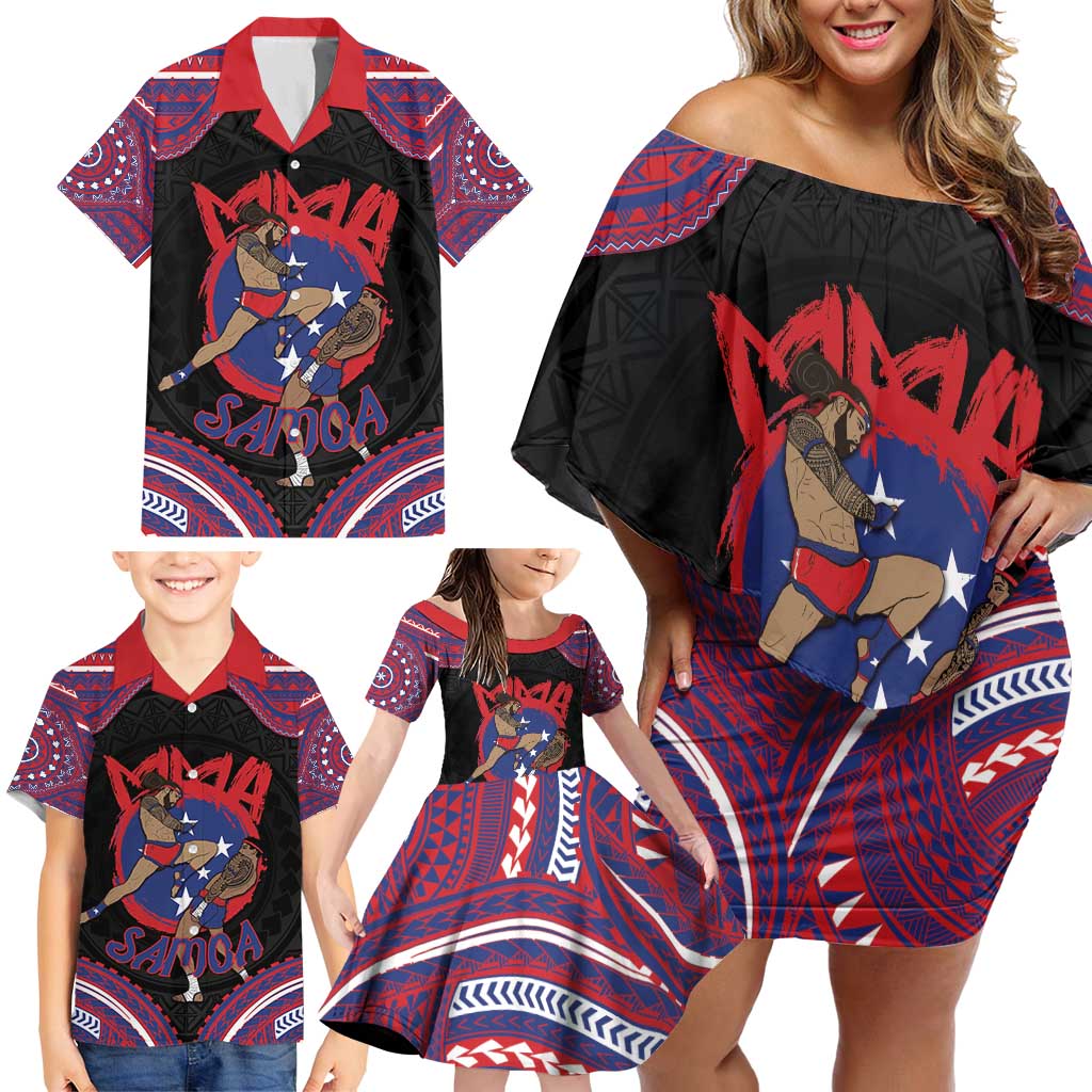 Personalised Samoa Mixed Martial Arts Family Matching Off Shoulder Short Dress and Hawaiian Shirt Flying Knee Of Samoan - Polynesian Pride