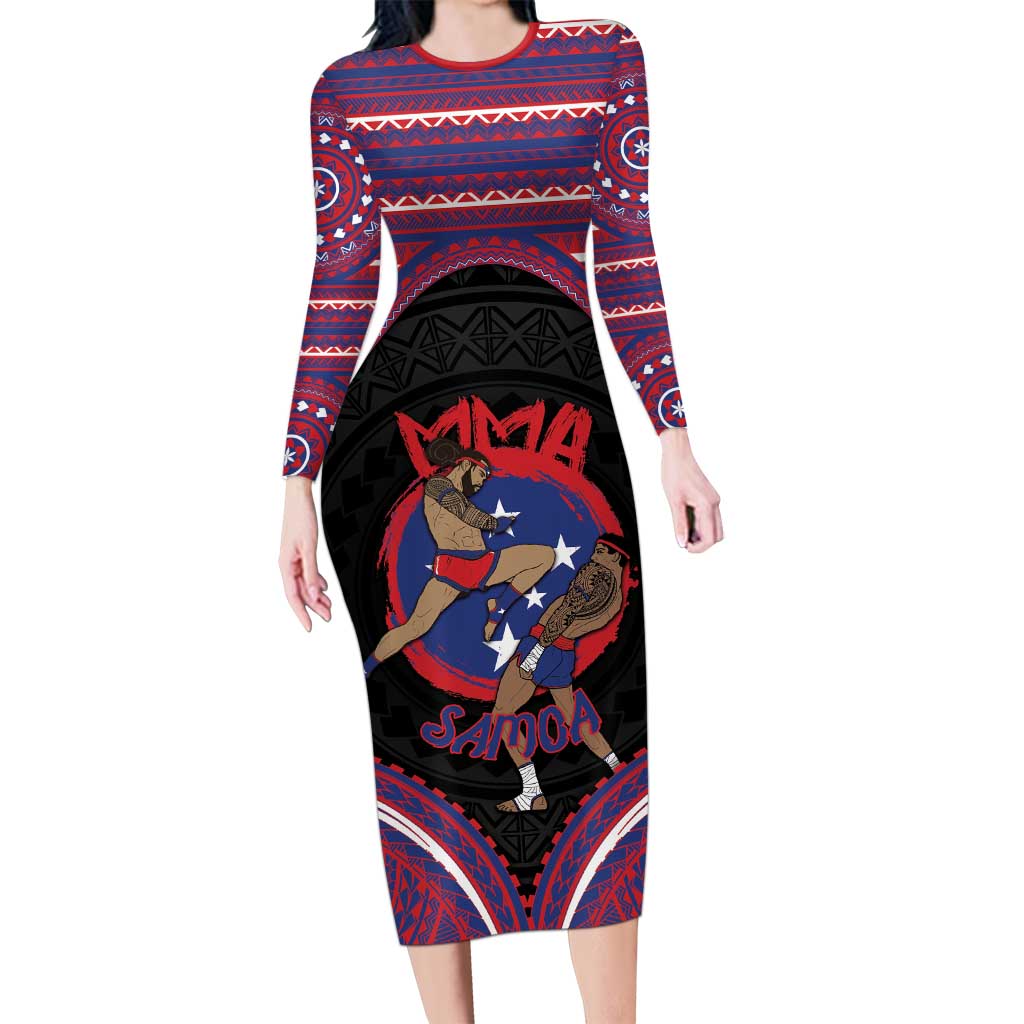 Personalised Samoa Mixed Martial Arts Long Sleeve Bodycon Dress Flying Knee Of Samoan - Polynesian Pride