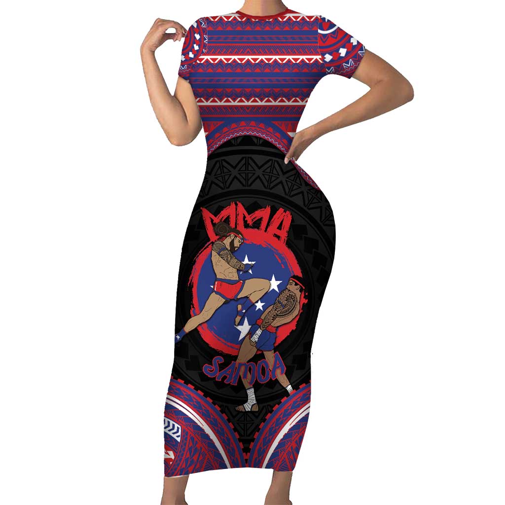Personalised Samoa Mixed Martial Arts Short Sleeve Bodycon Dress Flying Knee Of Samoan - Polynesian Pride
