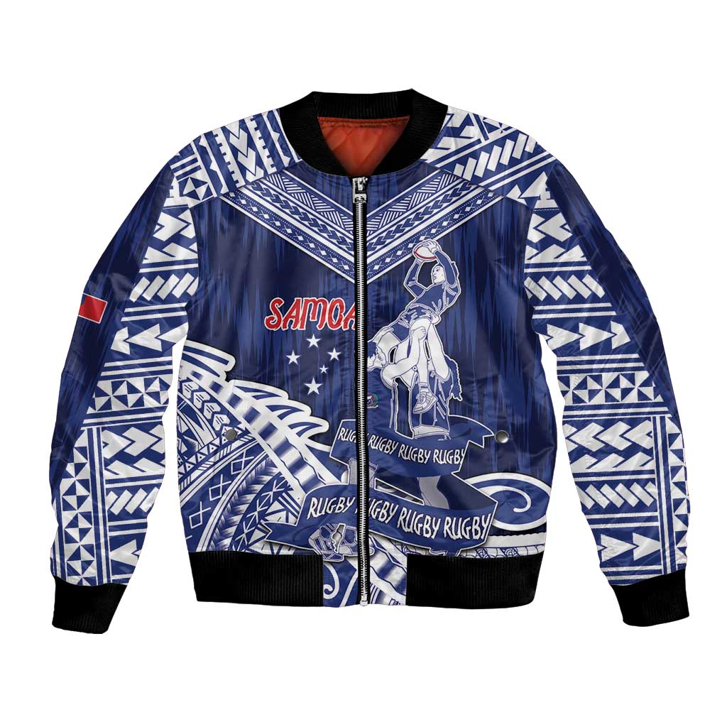 Personalised Samoa Rugby Bomber Jacket Pacific Warrior Glory DT05 Unisex Navy - Polynesian Pride