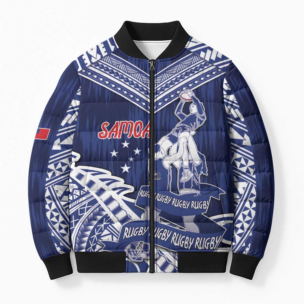 Personalised Samoa Rugby Bomber Puffer Jacket Pacific Warrior Glory DT05 Unisex Navy - Polynesian Pride