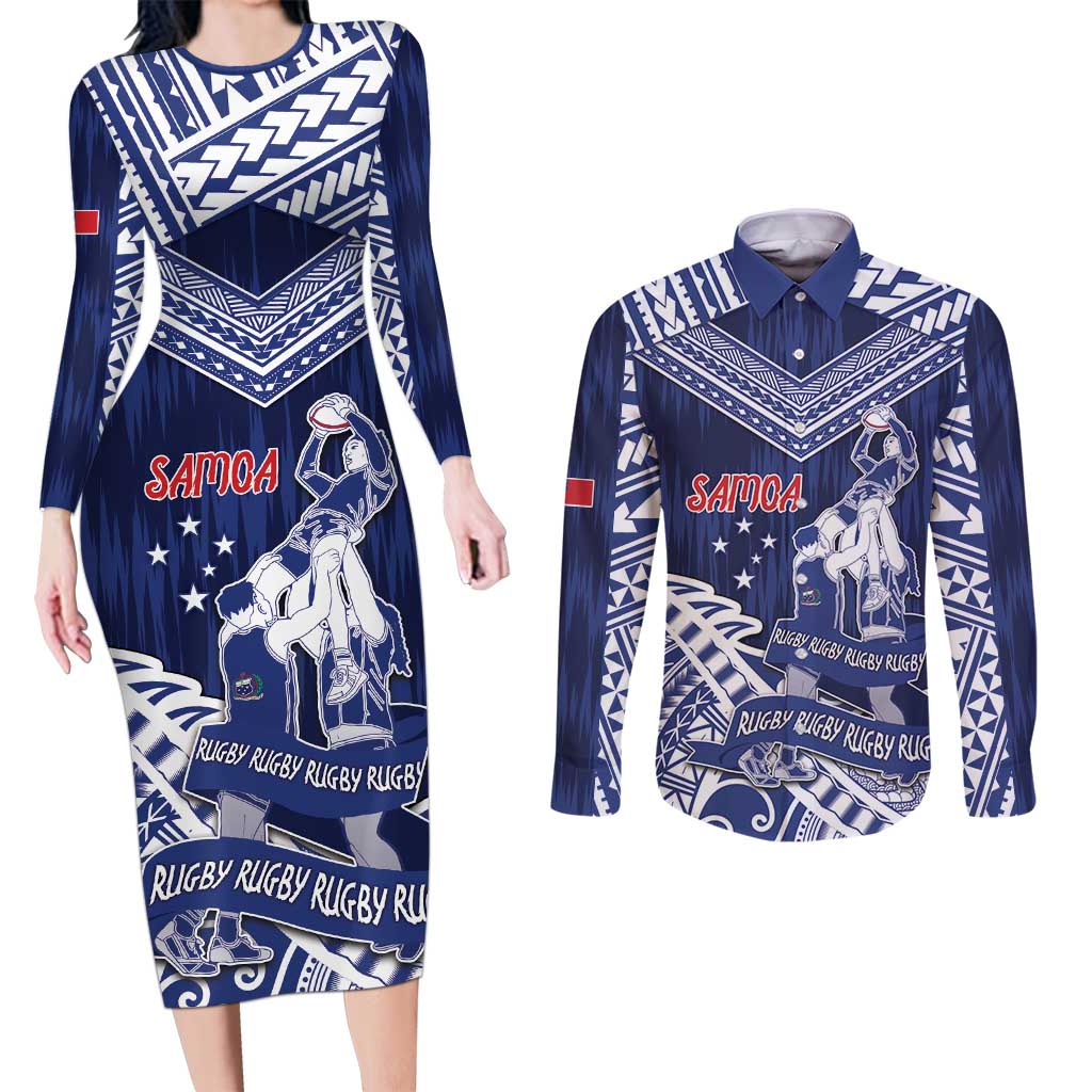 Personalised Samoa Rugby Couples Matching Long Sleeve Bodycon Dress and Long Sleeve Button Shirt Pacific Warrior Glory DT05 Navy - Polynesian Pride