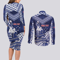 Personalised Samoa Rugby Couples Matching Long Sleeve Bodycon Dress and Long Sleeve Button Shirt Pacific Warrior Glory - Polynesian Pride