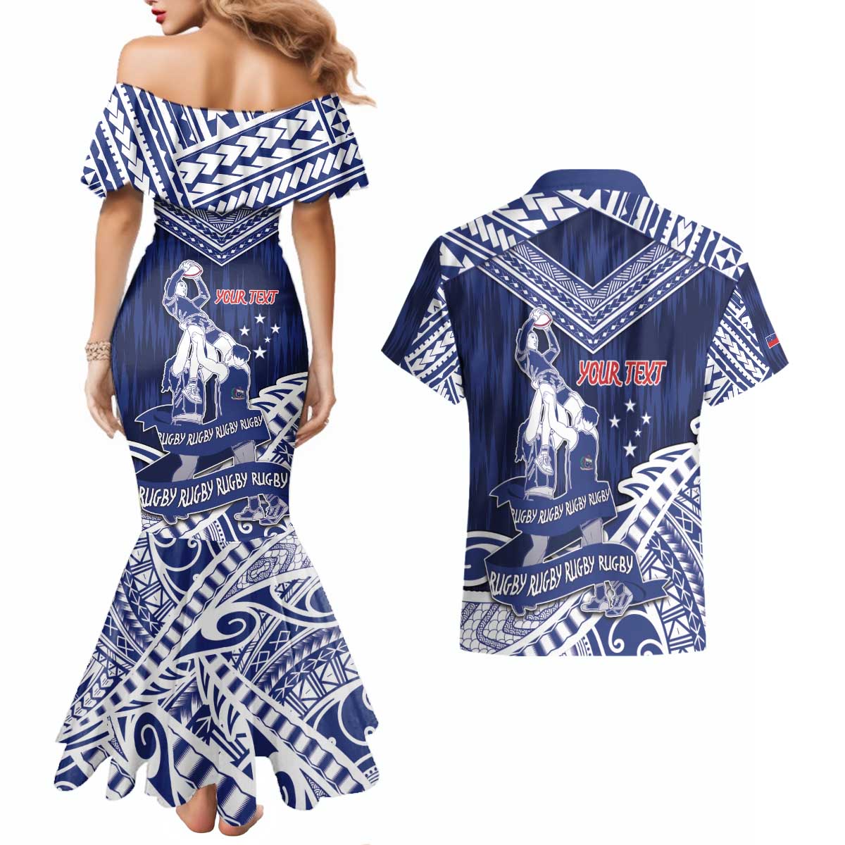 Personalised Samoa Rugby Couples Matching Mermaid Dress and Hawaiian Shirt Pacific Warrior Glory - Polynesian Pride