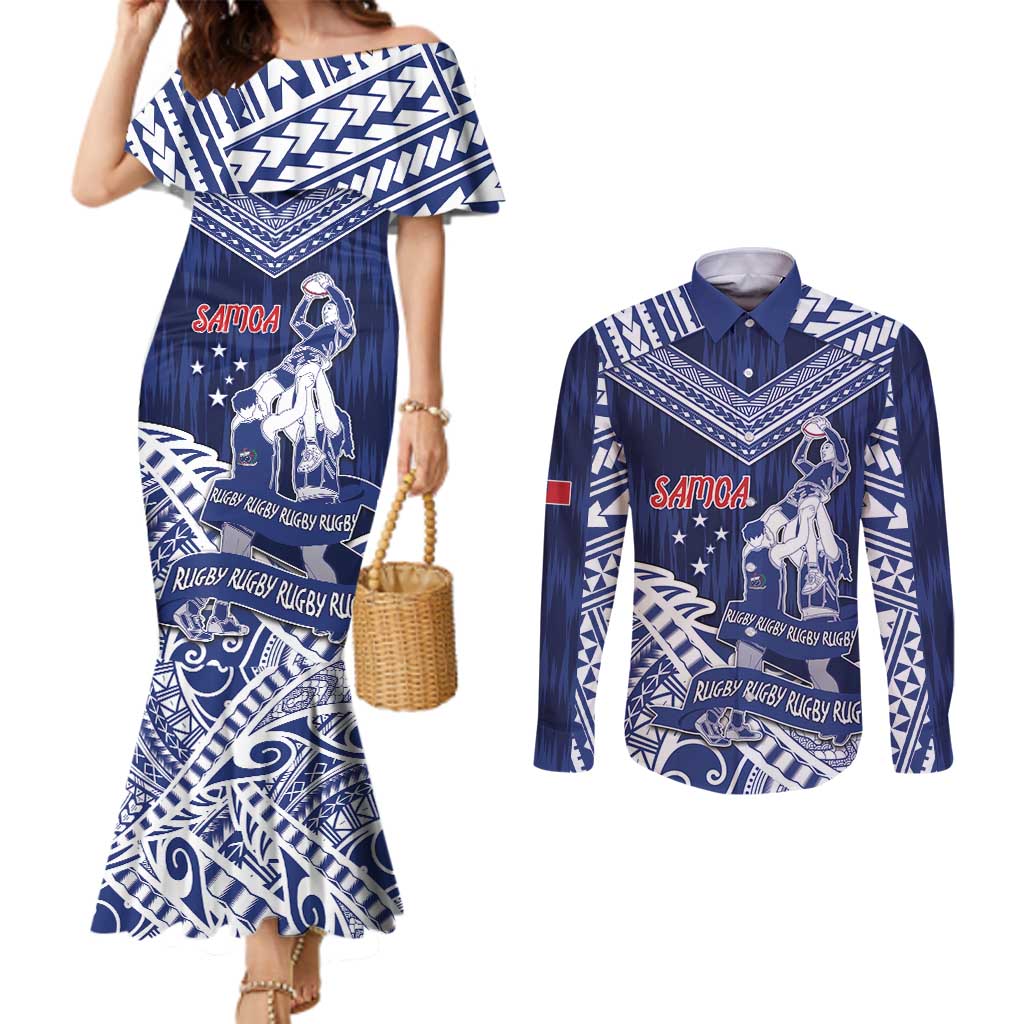 Personalised Samoa Rugby Couples Matching Mermaid Dress and Long Sleeve Button Shirt Pacific Warrior Glory DT05 Navy - Polynesian Pride