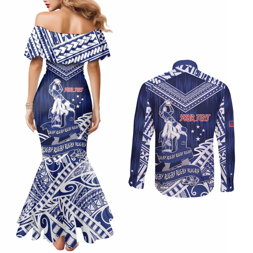 Personalised Samoa Rugby Couples Matching Mermaid Dress and Long Sleeve Button Shirt Pacific Warrior Glory - Polynesian Pride