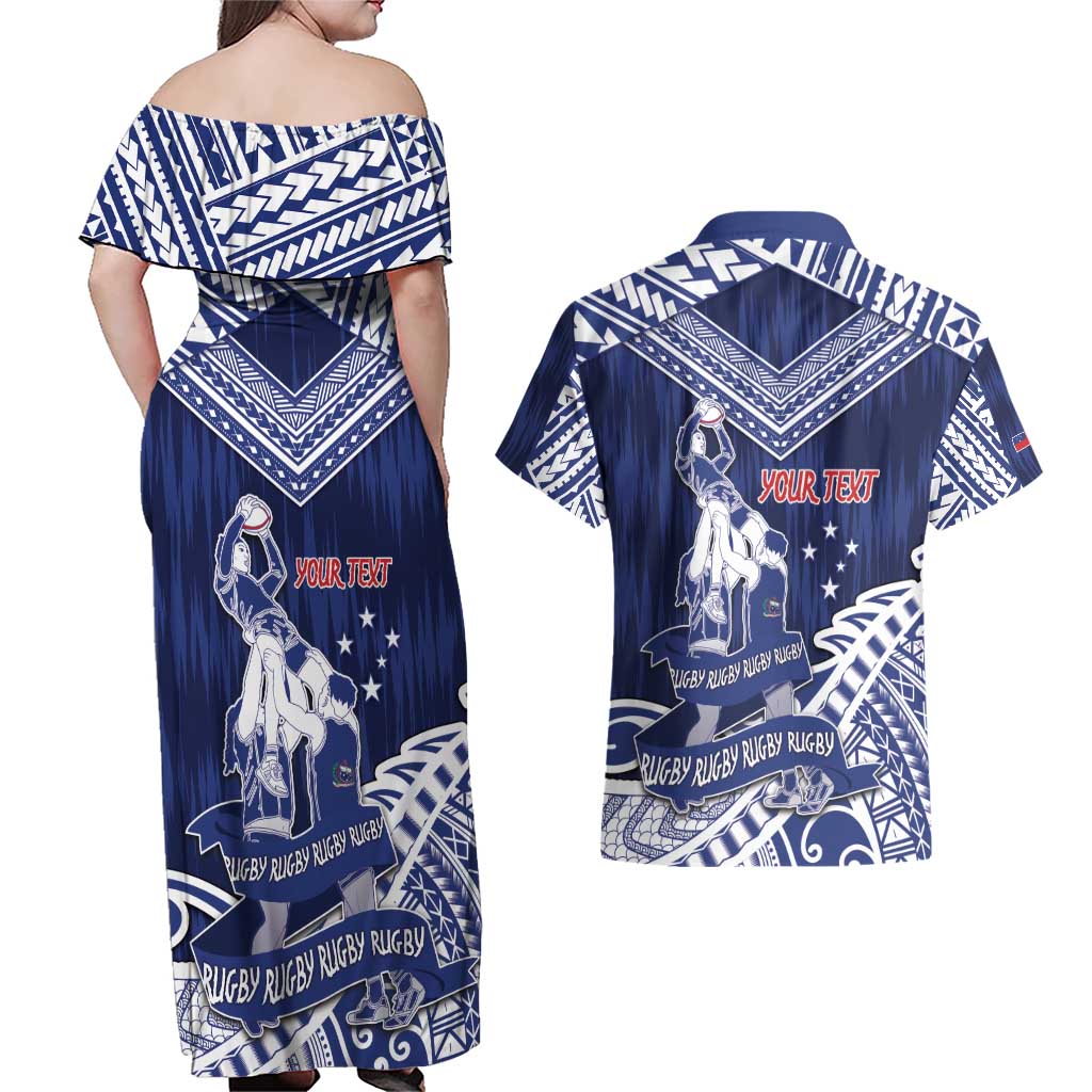 Personalised Samoa Rugby Couples Matching Off Shoulder Maxi Dress and Hawaiian Shirt Pacific Warrior Glory - Polynesian Pride