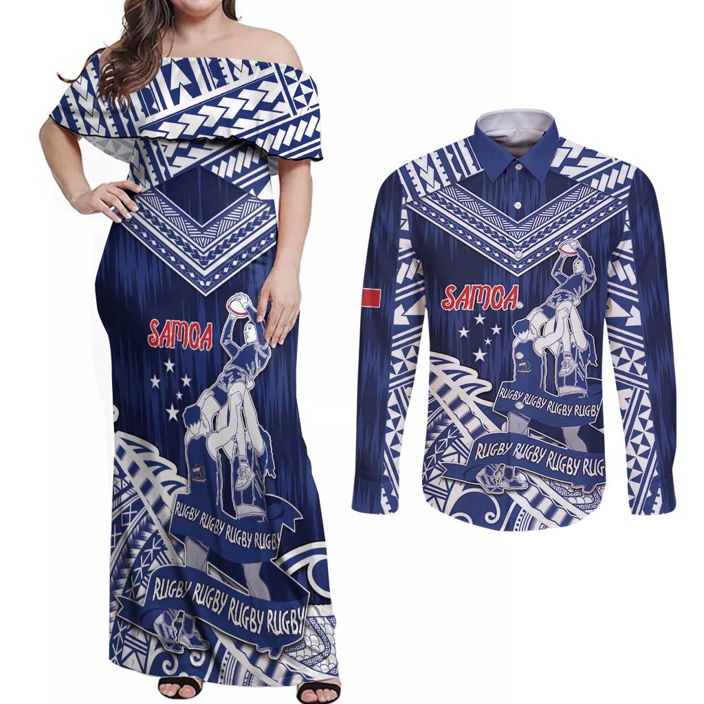 Personalised Samoa Rugby Couples Matching Off Shoulder Maxi Dress and Long Sleeve Button Shirt Pacific Warrior Glory DT05 Navy - Polynesian Pride