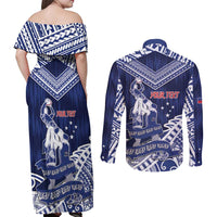 Personalised Samoa Rugby Couples Matching Off Shoulder Maxi Dress and Long Sleeve Button Shirt Pacific Warrior Glory - Polynesian Pride