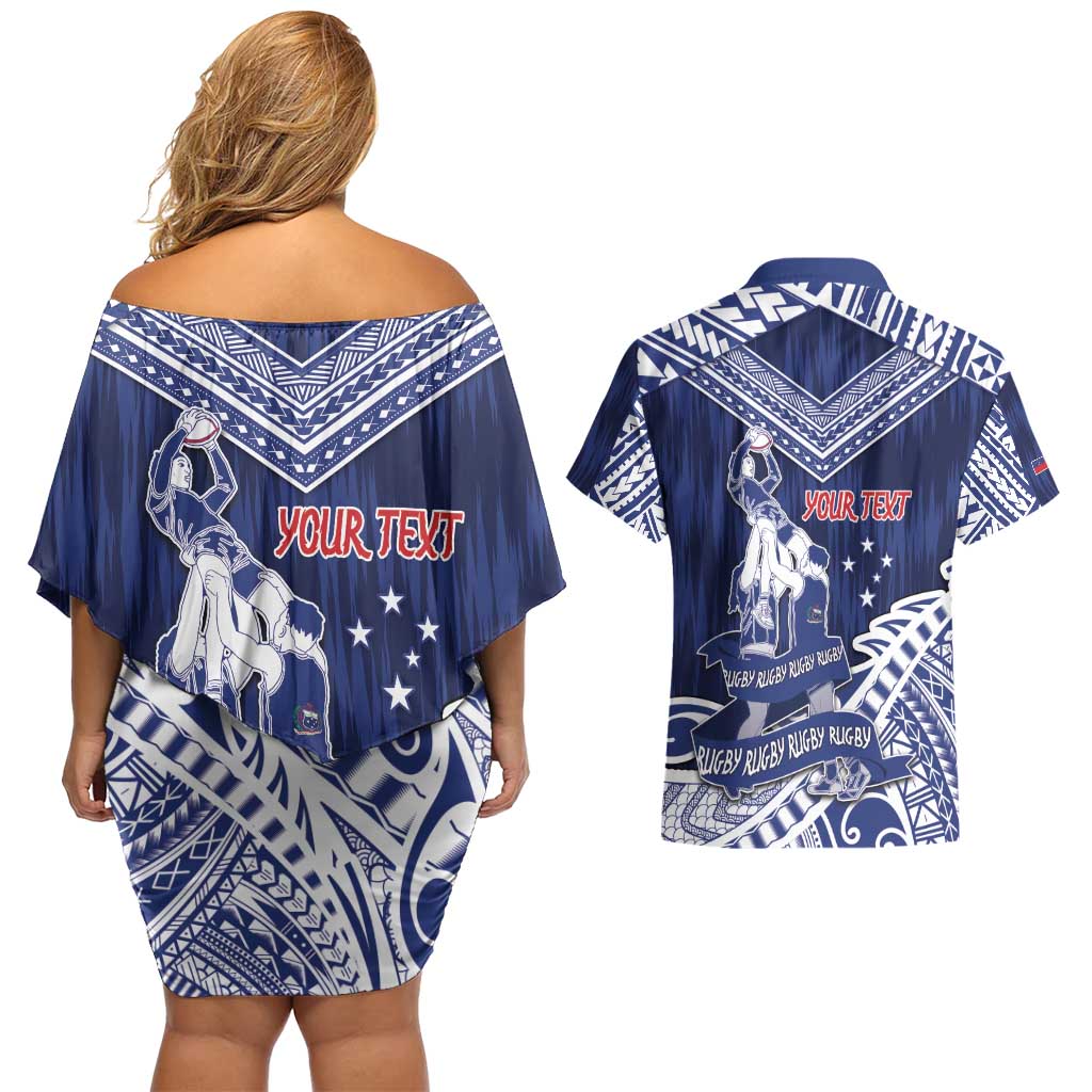 Personalised Samoa Rugby Couples Matching Off Shoulder Short Dress and Hawaiian Shirt Pacific Warrior Glory - Polynesian Pride