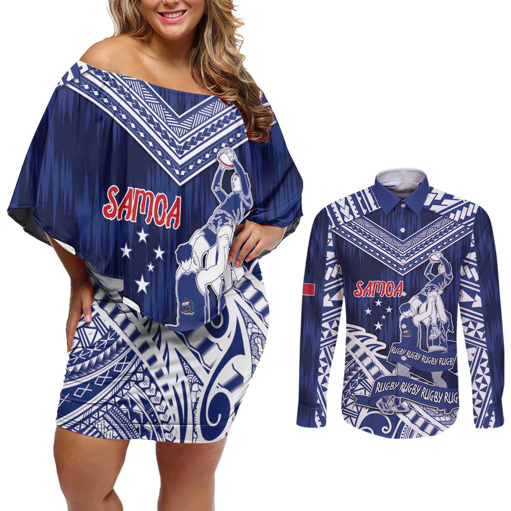 Personalised Samoa Rugby Couples Matching Off Shoulder Short Dress and Long Sleeve Button Shirt Pacific Warrior Glory DT05 Navy - Polynesian Pride