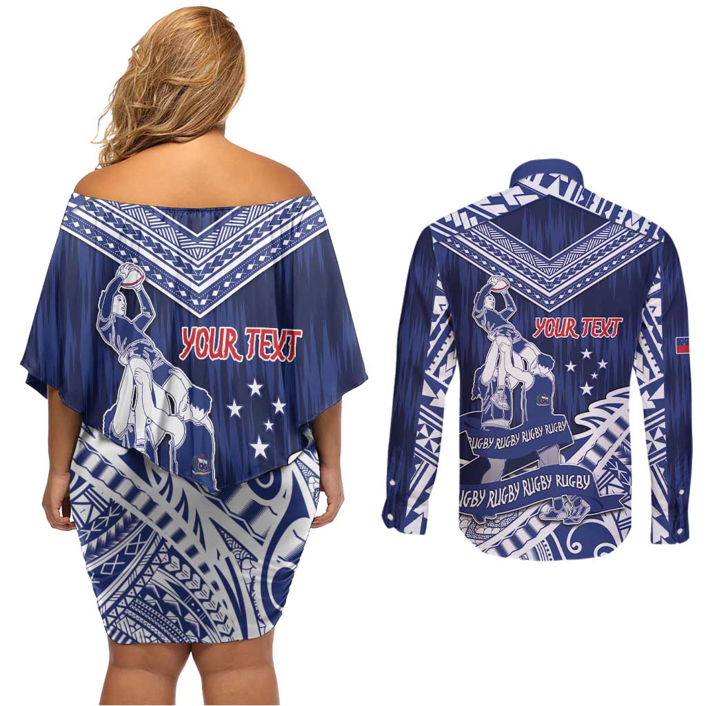 Personalised Samoa Rugby Couples Matching Off Shoulder Short Dress and Long Sleeve Button Shirt Pacific Warrior Glory - Polynesian Pride