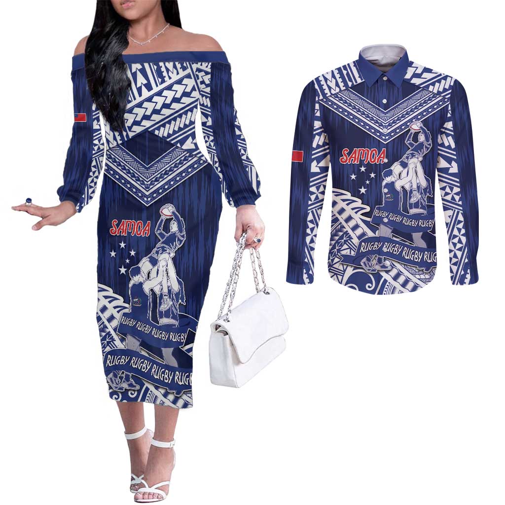 Personalised Samoa Rugby Couples Matching Off The Shoulder Long Sleeve Dress and Long Sleeve Button Shirt Pacific Warrior Glory DT05 Navy - Polynesian Pride