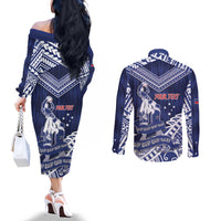 Personalised Samoa Rugby Couples Matching Off The Shoulder Long Sleeve Dress and Long Sleeve Button Shirt Pacific Warrior Glory - Polynesian Pride