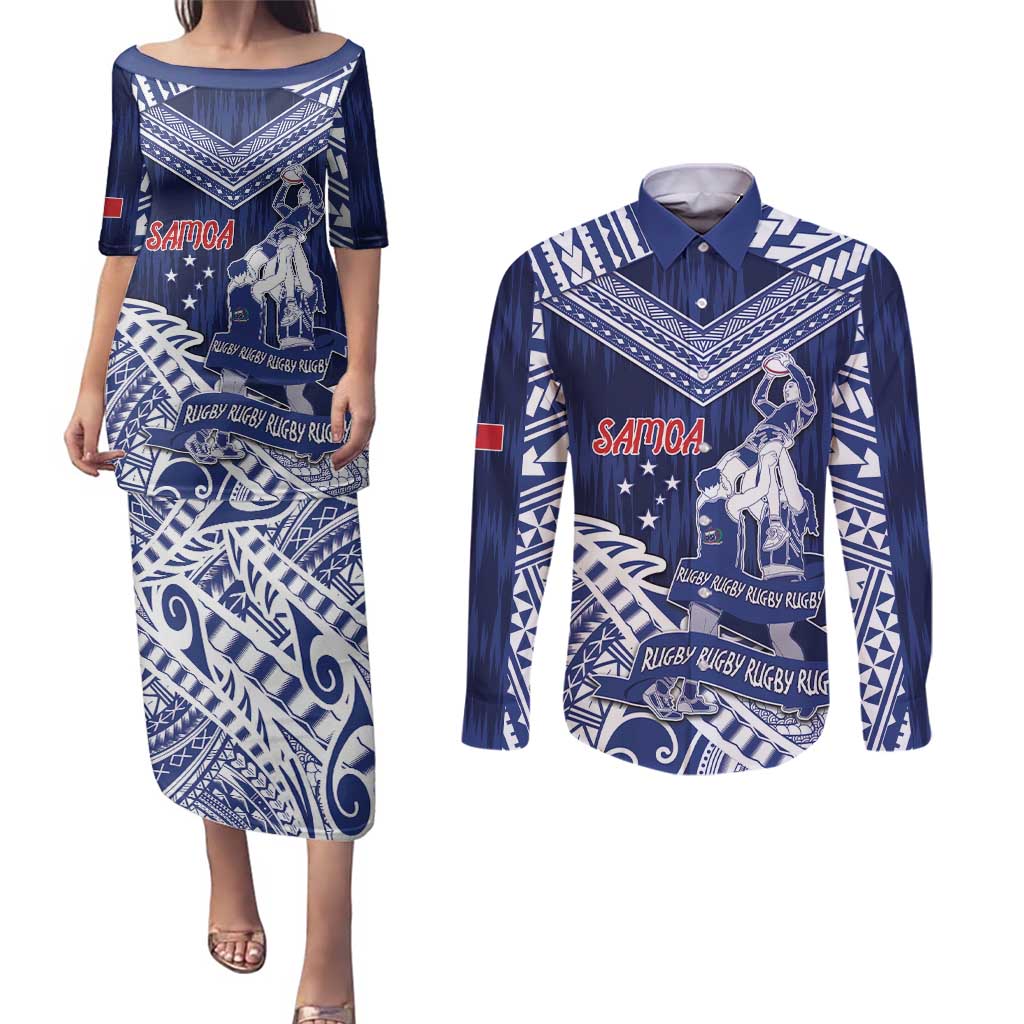 Personalised Samoa Rugby Couples Matching Puletasi and Long Sleeve Button Shirt Pacific Warrior Glory DT05 Navy - Polynesian Pride