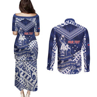 Personalised Samoa Rugby Couples Matching Puletasi and Long Sleeve Button Shirt Pacific Warrior Glory - Polynesian Pride