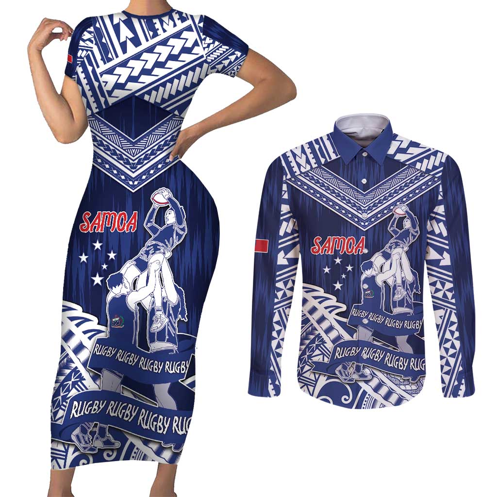 Personalised Samoa Rugby Couples Matching Short Sleeve Bodycon Dress and Long Sleeve Button Shirt Pacific Warrior Glory DT05 Navy - Polynesian Pride