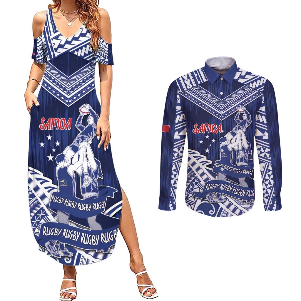 Personalised Samoa Rugby Couples Matching Summer Maxi Dress and Long Sleeve Button Shirt Pacific Warrior Glory DT05 Navy - Polynesian Pride
