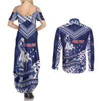 Personalised Samoa Rugby Couples Matching Summer Maxi Dress and Long Sleeve Button Shirt Pacific Warrior Glory - Polynesian Pride