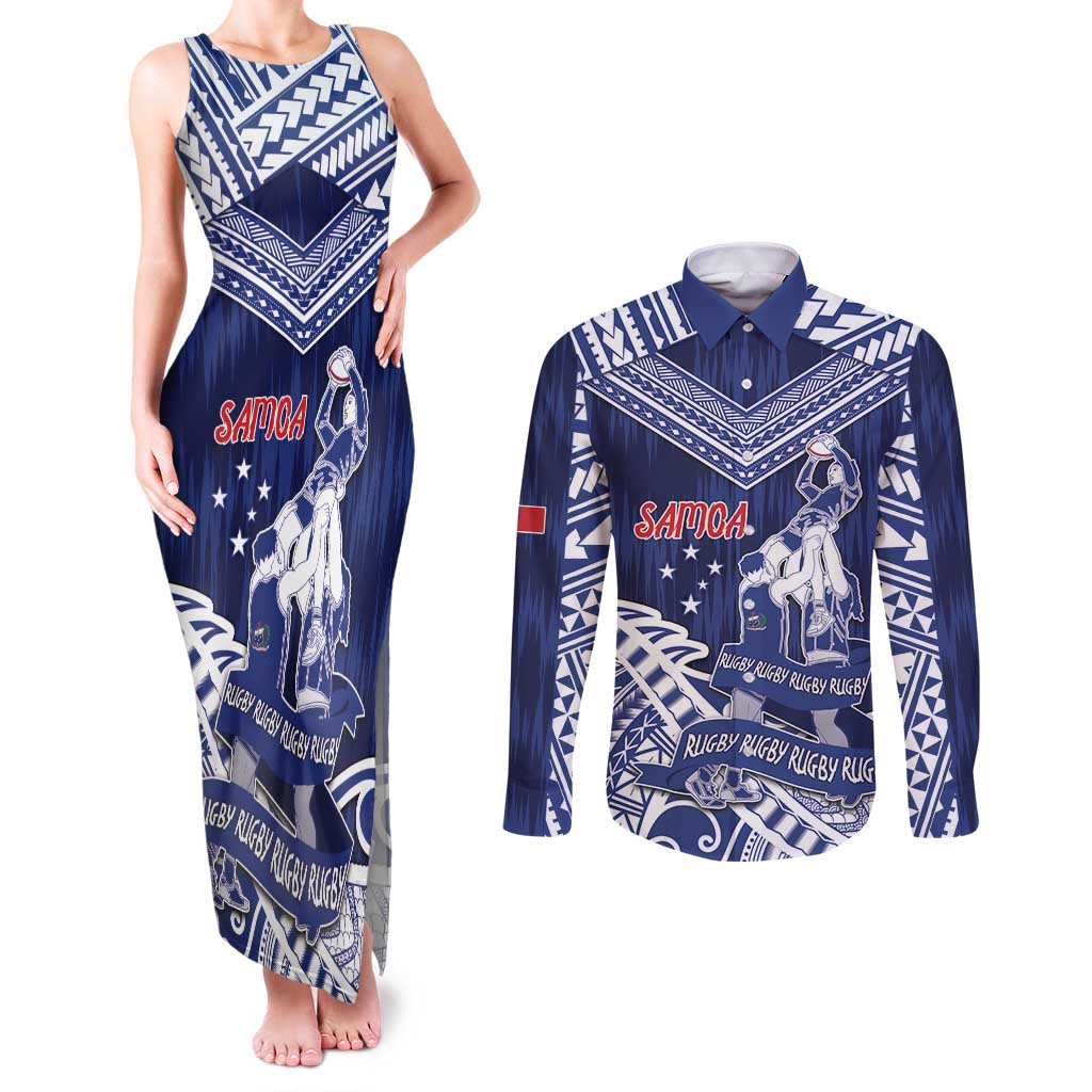 Personalised Samoa Rugby Couples Matching Tank Maxi Dress and Long Sleeve Button Shirt Pacific Warrior Glory DT05 Navy - Polynesian Pride