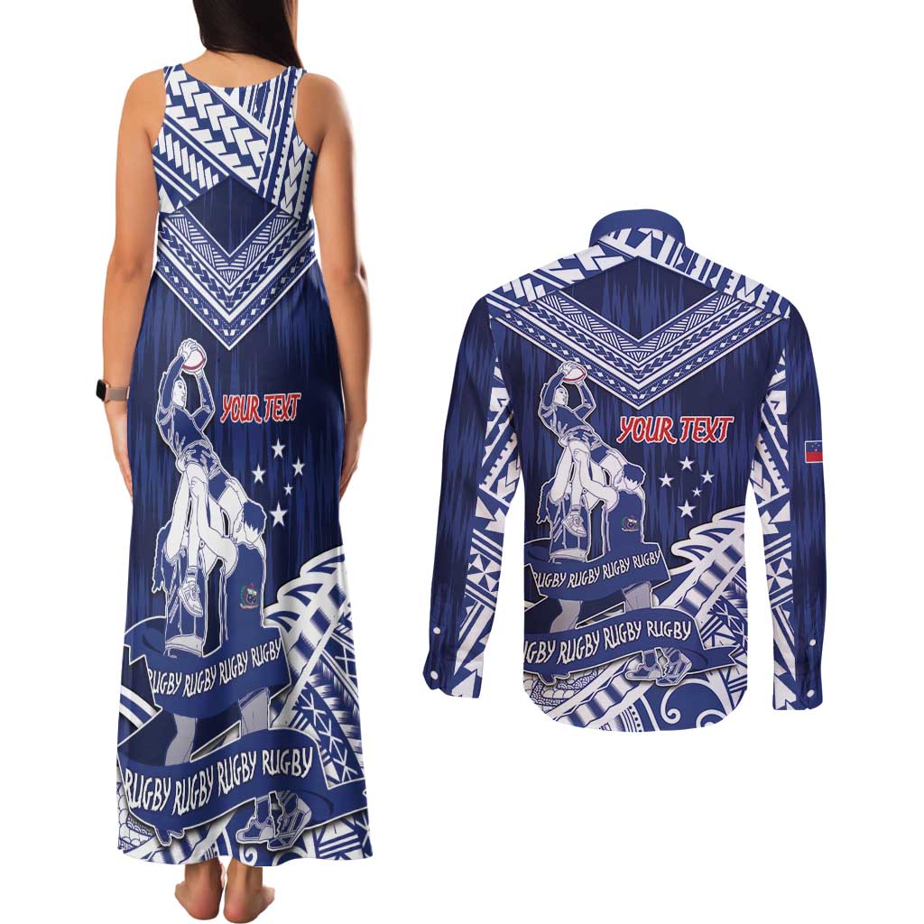 Personalised Samoa Rugby Couples Matching Tank Maxi Dress and Long Sleeve Button Shirt Pacific Warrior Glory - Polynesian Pride