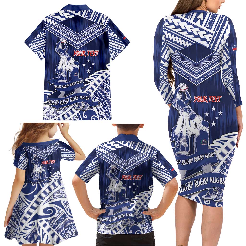 Personalised Samoa Rugby Family Matching Long Sleeve Bodycon Dress and Hawaiian Shirt Pacific Warrior Glory - Polynesian Pride