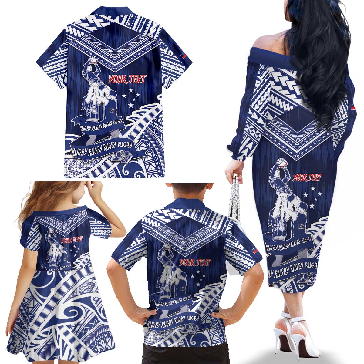 Personalised Samoa Rugby Family Matching Off The Shoulder Long Sleeve Dress and Hawaiian Shirt Pacific Warrior Glory - Polynesian Pride