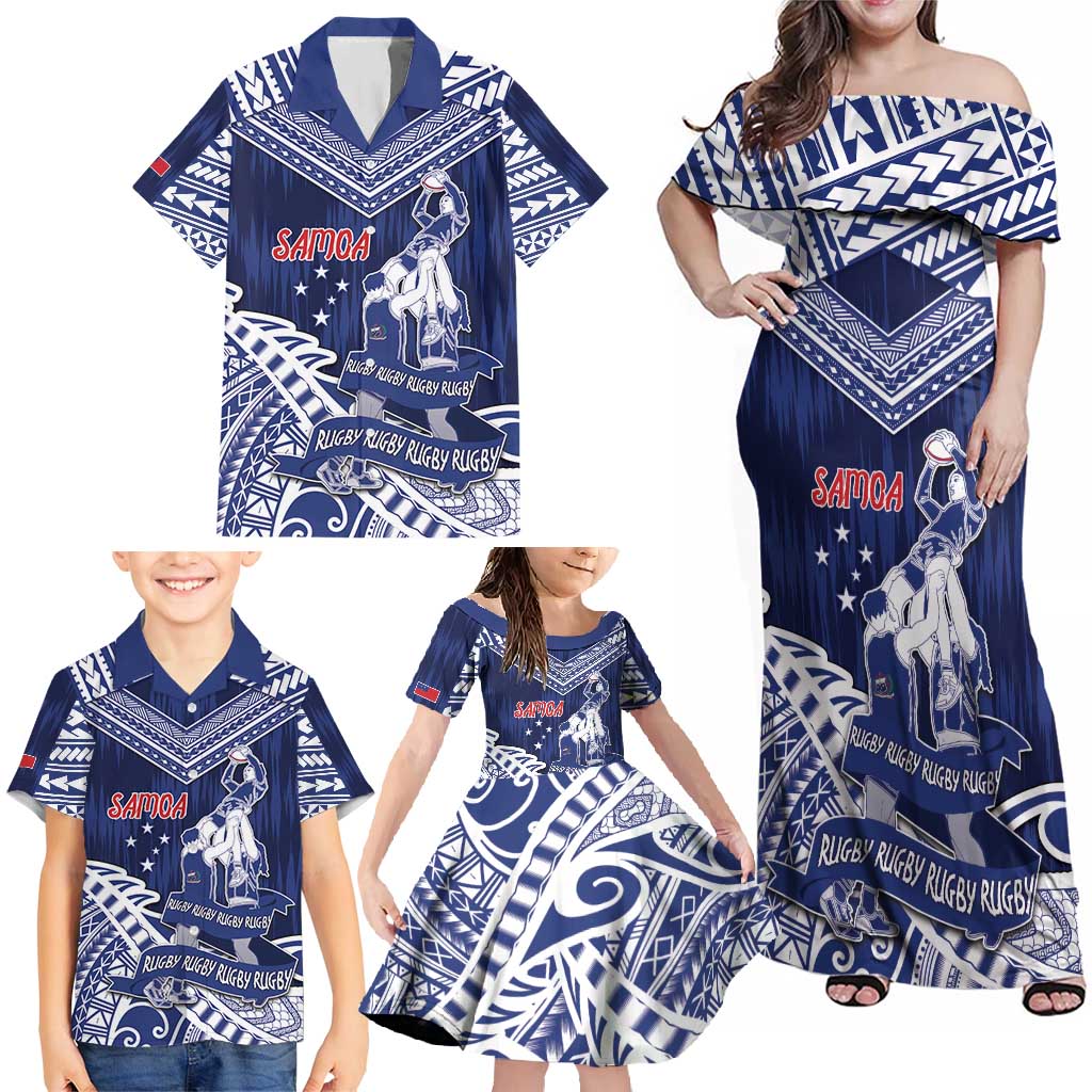 Personalised Samoa Rugby Family Matching Off Shoulder Maxi Dress and Hawaiian Shirt Pacific Warrior Glory - Polynesian Pride